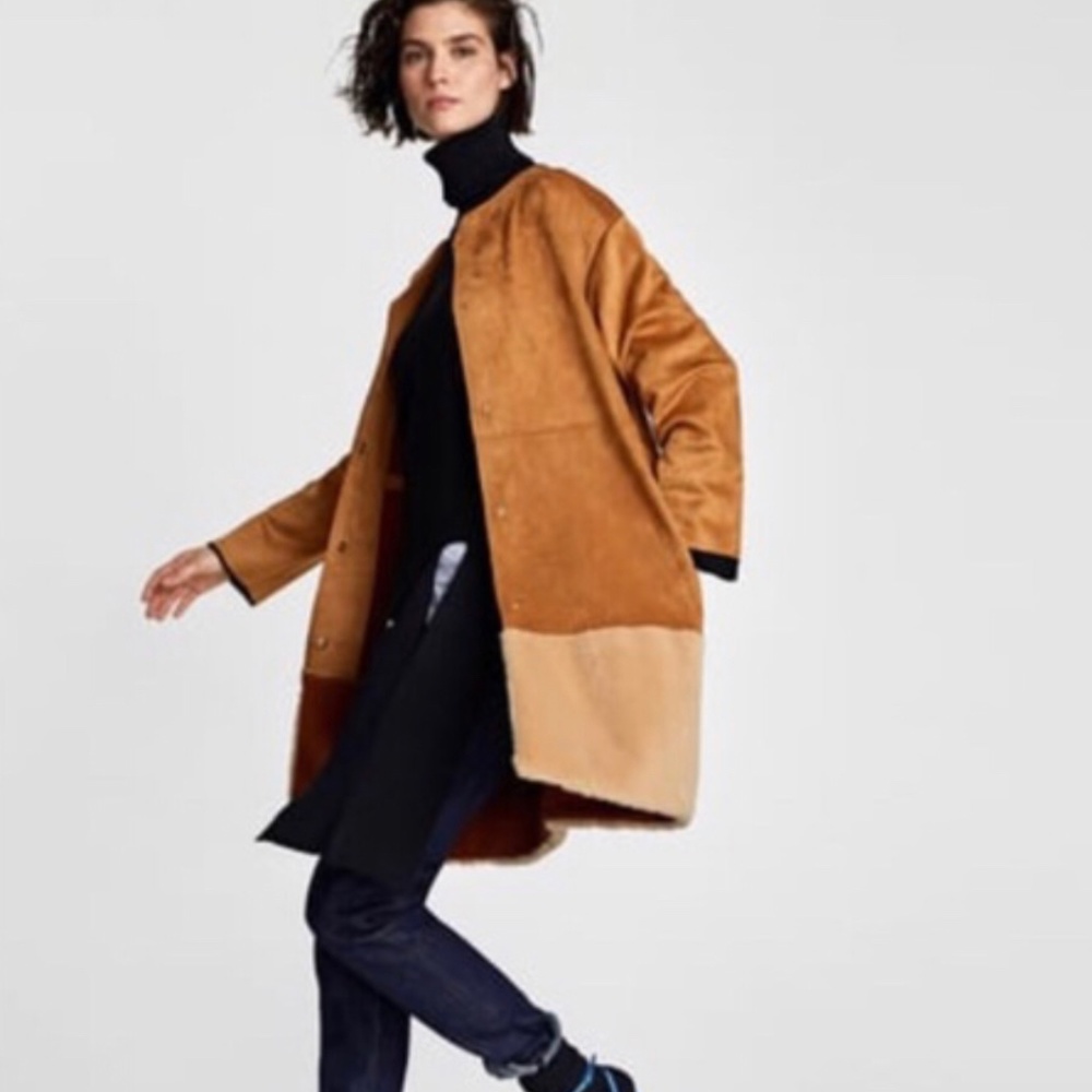 ZARA Faux Suede Fur Trim Coat